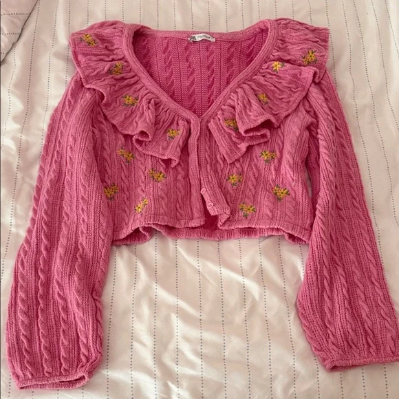 Zara Pink Ruffled Knit Cardigan - Picture 2 of 2